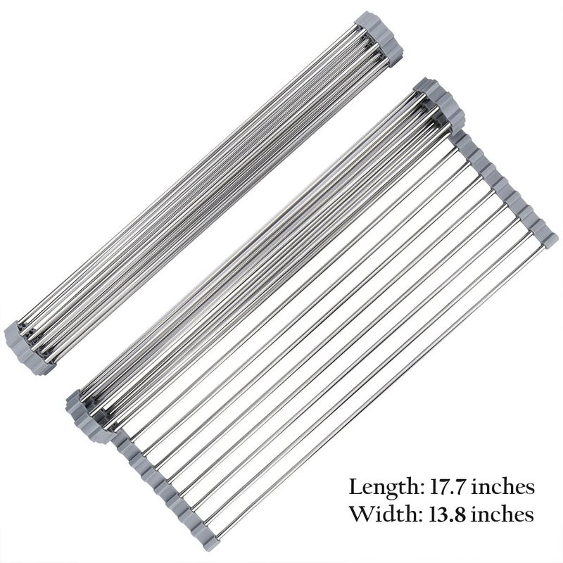 Hhyn Roll-Up Sink Drying Rack 17.7"(L) x 13.8"(W) - Multipurpose Heat Resistant Over The Stainless Steel & Silicone Dish Rollable Kitchen Drainer, Gray - Image 3
